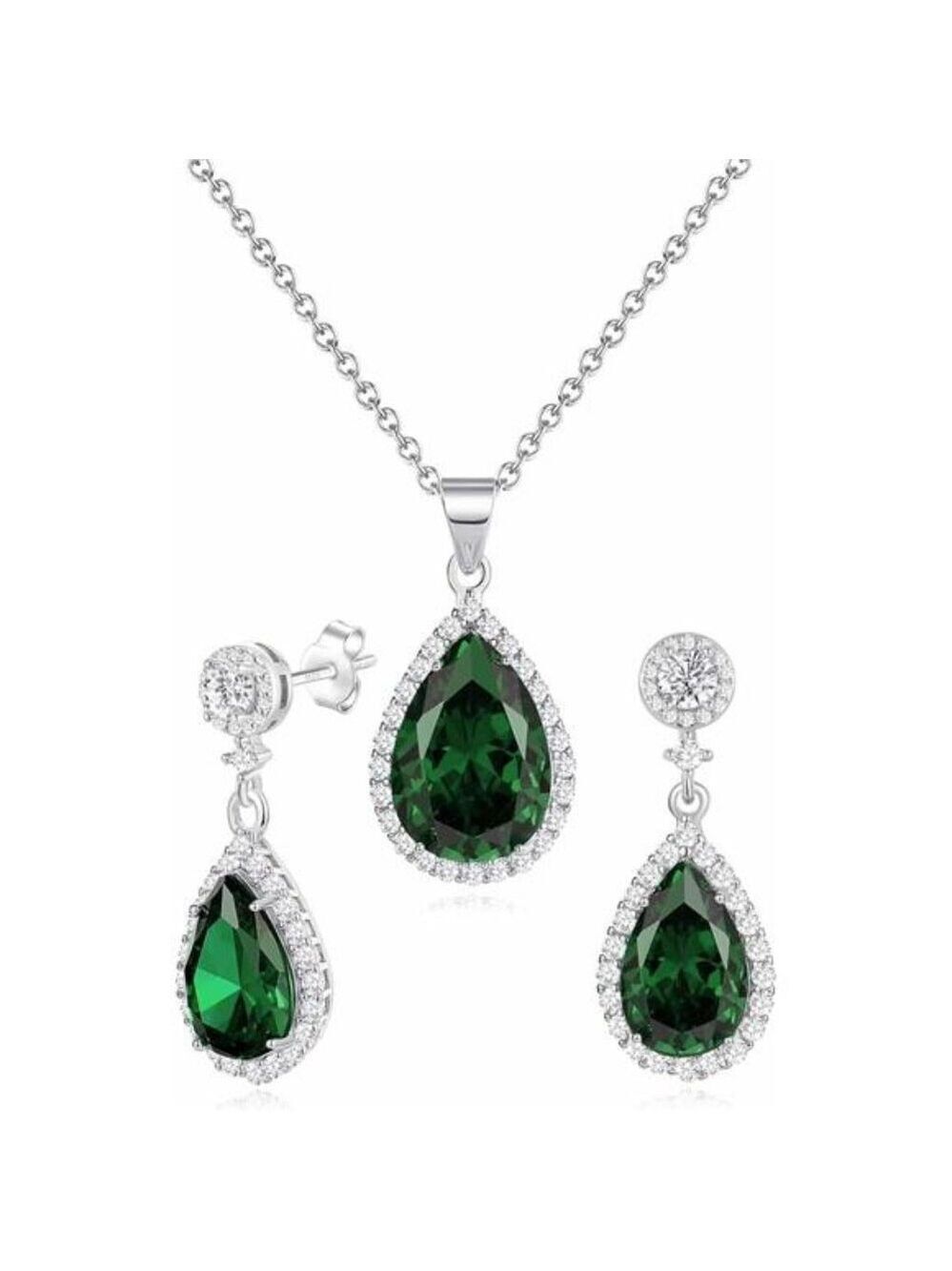 Teardrop Jewelry Set Women Crystal Necklace Earrings Sterling Silver Wedding Pro